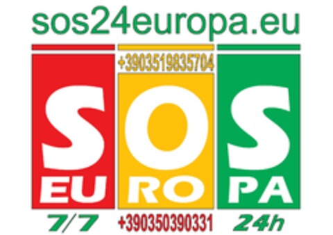 sos24europa.eu +3903519835704 SOS EUROPA 7/7 +390350390331 24h Logo (EUIPO, 19.02.2024)