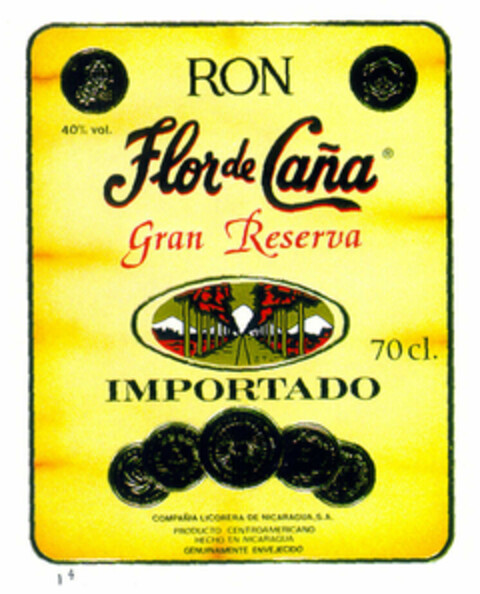 Flor de Caña Gran Reserva RON IMPORTADO 40% vol. 70 cl. COMPAÑIA LICORERA DE NICARAGUA S.A. PRODUCTO CENTROAMERICANO HECHO EN NICARAGUA GENUINAMENTE ENVEJECIDO Logo (EUIPO, 10/18/1999)