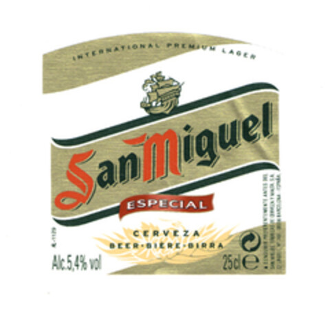 San Miguel ESPECIAL CERVEZA BEER·BIÈRE·BIRRA Logo (EUIPO, 01/28/2005)