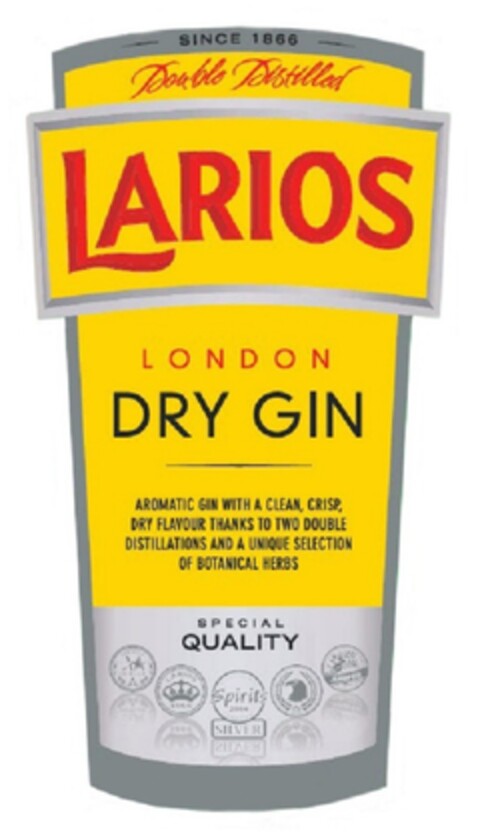 LARIOS LONDON DRY GIN
SINCE 1866 DOUBLE DISTILLED
AROMATIC GIN WITH A CLEAN CRISP, DRY FLAVOUR THANKS TO TWO DOUBLE DISTILLATIONS AND A UNIQUE SELECTION OF BOTANICAL HERBS Logo (EUIPO, 30.06.2011)