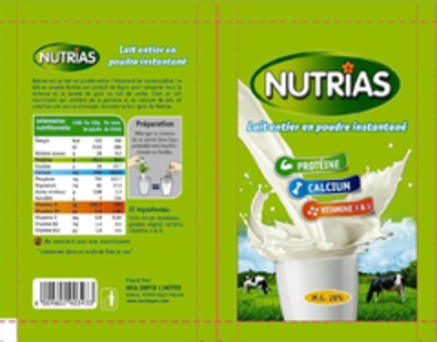 NUTRIAS
Lait entier en poudre instantané
PROTÉINE CALCIUM VITAMINE A & D Logo (EUIPO, 04/22/2013)