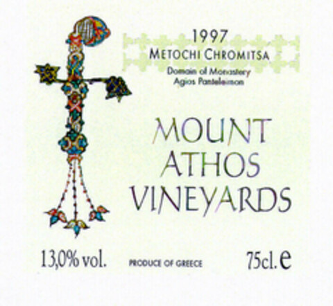 MOUNT ATHOS VINEYARDS 1997 METOCHI CHROMITSA Domain of Monastery Agios Panteleimon 13,0% vol. PRODUCE OF GREECE 75cl. e Logo (EUIPO, 07/02/2001)