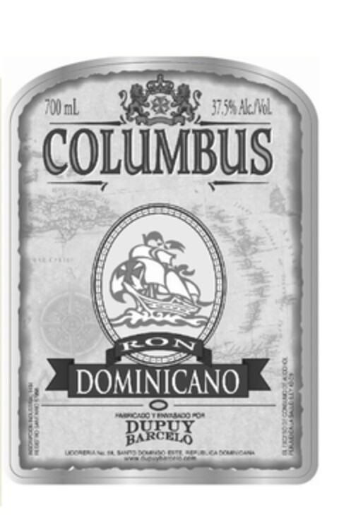 COLUMBUS RON DOMINICANO FABRICADO Y ENVASADO POR DUPUY BARCELO 700mL 37.5% Alc./Vol. Logo (EUIPO, 22.02.2019)