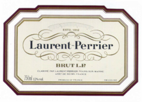 Laurent-Perrier BRUT L.P. ESTD.1812 ELABORÉ PAR LAURENT-PERRIER, TOURS-SUR-MARNE ARRT DE REIMS FRANCE PRODUCE OF FRANCE 750ml 12%vol. Logo (EUIPO, 11/22/2000)