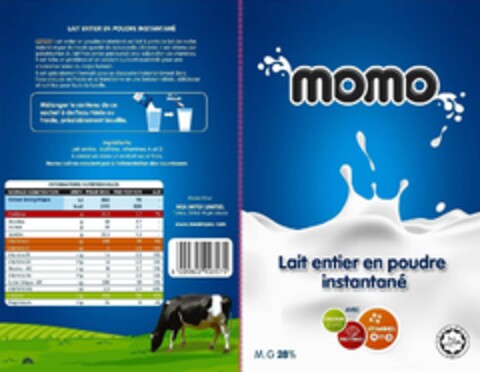 MOMO 
Lait entier en poudre instantané avec calcium proteines vitamines A et D Logo (EUIPO, 04/22/2013)