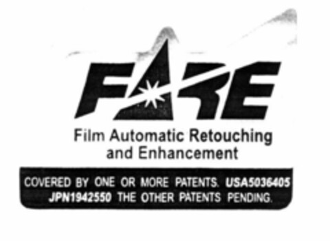 FARE Film Automatic Retouching and Enhancement COVERED BY ONE OR MORE PATENTS. USA5036405 JPN1942550 THE OTHER PATENTS PENDING. Logo (EUIPO, 10.05.2001)