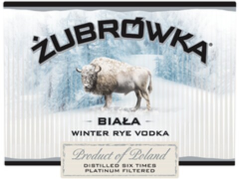 ŻUBRÓWKA BIAŁA WINTER RYE VODKA PRODUCT OF POLAND DISTILLED SIX TIMES PLATINUM FILTERED Logo (EUIPO, 19.04.2013)