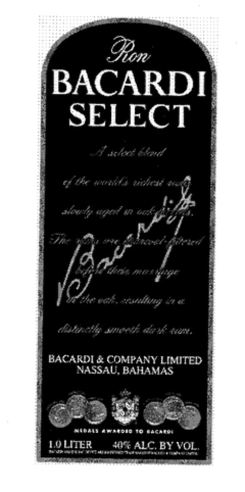 Ron BACARDI SELECT BACARDI & COMPANY LIMITED NASSAU, BAHAMAS 1,0 LITER 40% ALC. BY VOL. Logo (EUIPO, 19.11.1997)