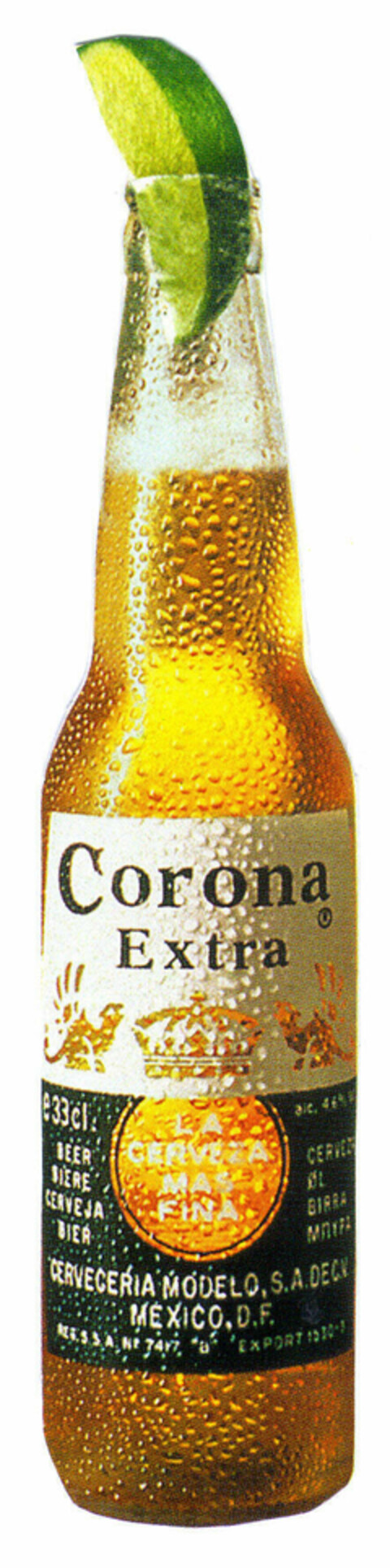 Corona extra e33cl. BEER BIERE CERVEJA BIER LA CERVEZA MAS FINA CERVEZA ØL BIRRA CERVECERIA MODELO, S.A.. DECV. MEXICO, D.F. Logo (EUIPO, 19.10.2001)