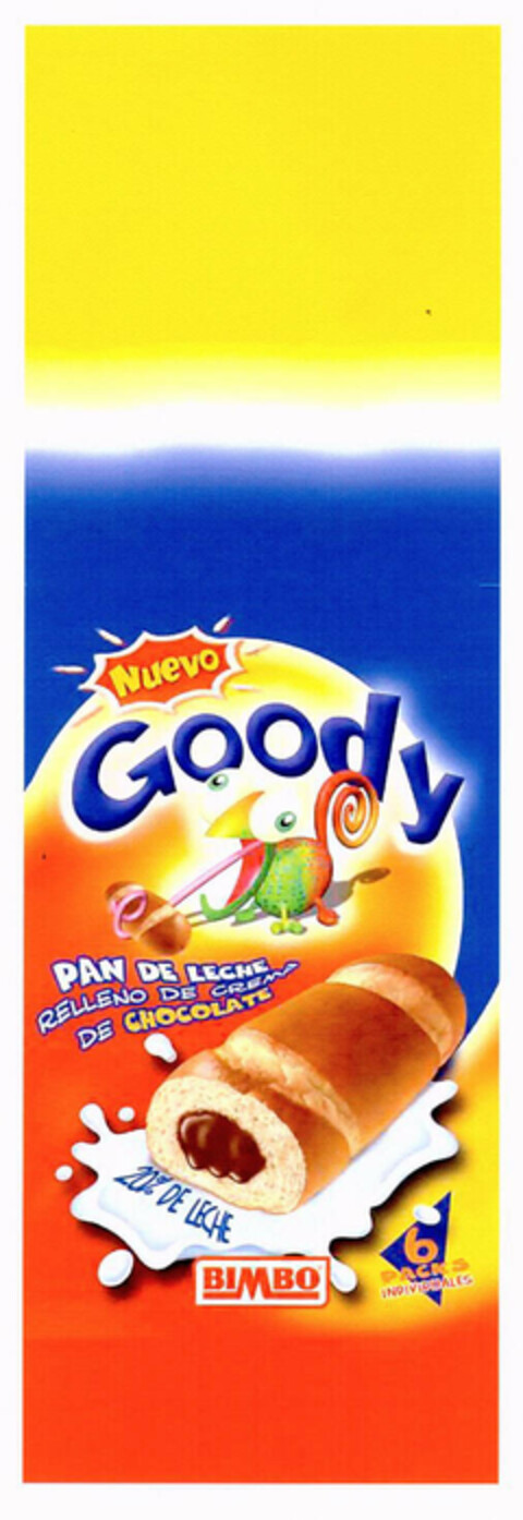 Nuevo Goody PAN DE LECHE RELLENO DE CREMA DE CHOCOLATE 20% DE LECHE BIMBO 6 PACKS Logo (EUIPO, 12.11.2002)