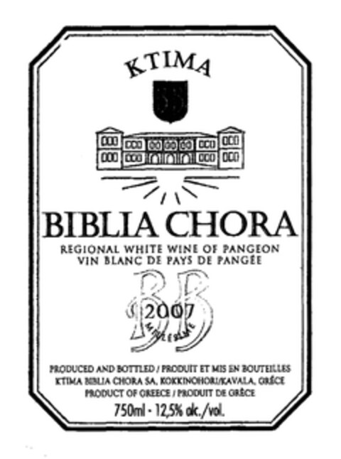 KTIMA BB BIBLIA CHORA REGIONAL WHITE WINE OF PANGEON VIN BLANC DE PAYS DE PANGÉE BB 2007 MILLESIME PRODUCED AND BOTTLED / PRODUIT ET MIS EN BOUTEILLES KTIMA BIBLIA CHORA SA. KOKKINOHORI/KAVALA, GRÈCE PRODUCT OF GREECE / PRODUIT DE GRÈCE Logo (EUIPO, 06.05.2008)