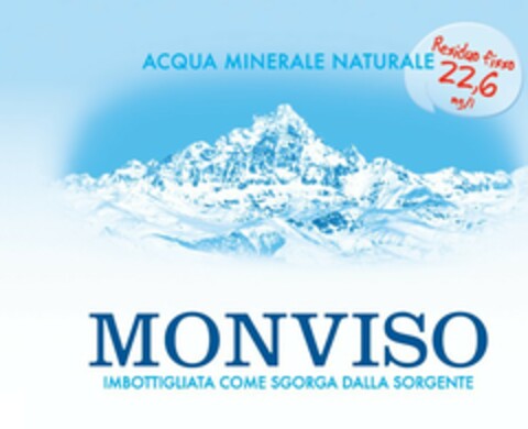 ACQUA MINERALE NATURALE MONVISO RESIDUO FISSO 22,6 MG/L - IMBOTTIGLIATA COME SGORGA DALLA SORGENTE. Logo (EUIPO, 07.10.2015)