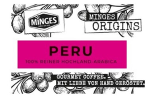 MiNGES MINGES ORIGINS PERU 100% REINER HOCHLAND-ARABICA GOURMET COFFEE. MIT LIEBE VON HAND GERÖSTET. Logo (EUIPO, 24.07.2019)