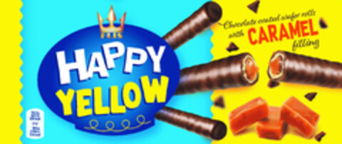 FLIS HAPPY YELLOW chocolate coated wafer rolls with CARAMEL filing Logo (EUIPO, 01.06.2022)