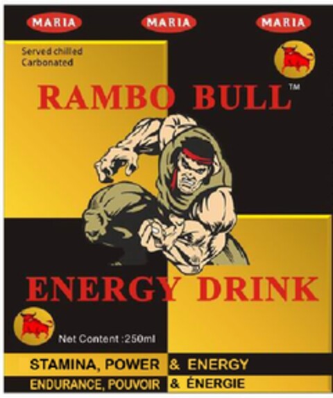 Served chilled
Carbonated
RAMBO BULL
ENERGY DRINK
Net Content: 250 ml
STAMINA, POWER & ENERGY
ENDURANCE, POUVOIR & ÉNERGIE Logo (EUIPO, 22.03.2012)