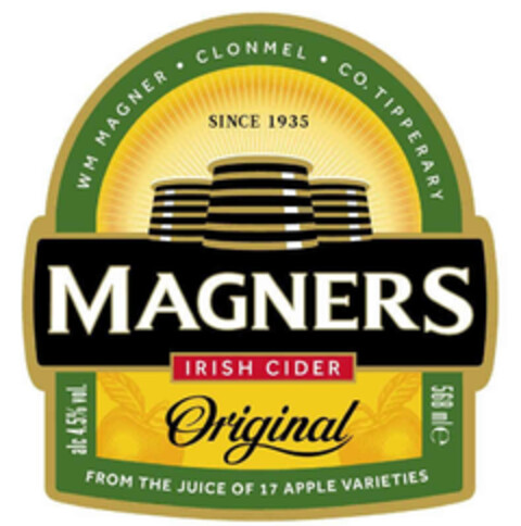 MAGNERS IRISH CIDER WM MAGNER CLONMEL CO. TIPPERARY SINCE 1935 568 ML ℮ ALC 4.5% VOL. ORIGINAL FROM THE JUICE OF 17 APPLE VARIETIES Logo (EUIPO, 07/07/2022)