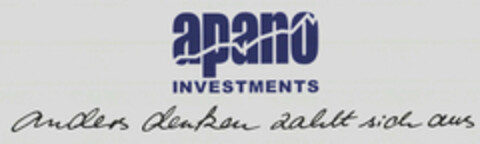 apano INVESTMENTS - anders denken zahlt sich aus Logo (EUIPO, 18.01.2010)