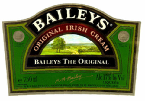 BAILEYS ORIGINAL IRISH CREAM BAILEYS THE ORIGINAL e 750ml R.A Bailey Alc 17% by Vol LIQUEUR R & A BAILEY & CO NANGOR ROAD DUBLIN 12 PRODUCT OF IRELAND Logo (EUIPO, 08.02.2000)