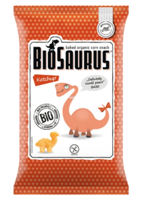 BIOSAURUS baked organic corn snack Ketchup Definitely World peace BABE BIO PRODUCT ORGANIC BIO McLLOYD'S ML CERTIFIED ORGANIC PRODUCTS Logo (EUIPO, 26.02.2024)