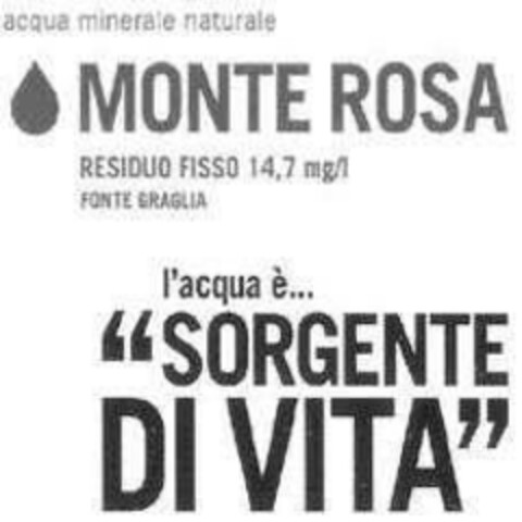 MONTE ROSA acqua minerale naturale RESIDUO FISSO 14,7 mg/l FONTE GRAGLIA l´acqua è... "SORGENTE DI VITA" Logo (EUIPO, 26.02.2007)