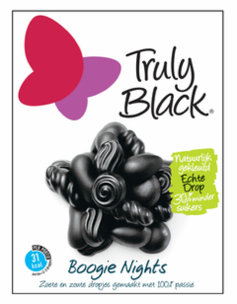 Truly Black Natuurlijk gekleurd Echte Drop 30% minder suikers Boogie Nights Zoete en zoute dropjes gemaakt met 100% passie PER PORTIE 31 kcal portie=2-3 dropjes Logo (EUIPO, 06.03.2008)