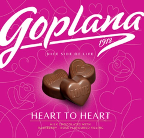 Goplana 1912 NICE SIDE OF LIFE HEART TO HEART MILK CHOCOLATES WITH RASPBERRY - ROSE FLAVOURED FILLING L´AMOUR LOVE Logo (EUIPO, 22.01.2024)