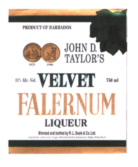 JOHN D. TAYLOR'S VELVET FALERNUM LIQUEUR Logo (EUIPO, 29.10.2003)