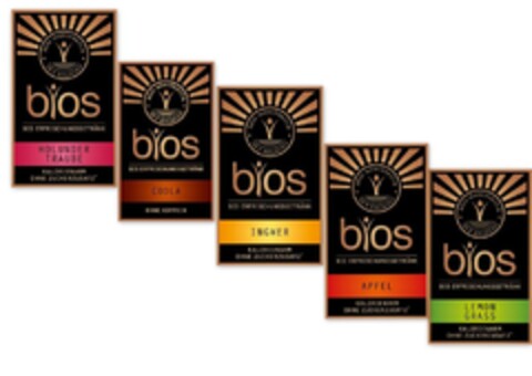 Bios Manufaktur -100% biologisch bios 
BIO ERFRISCHUNGSGETRÄNK HOLUNDER TRAUBE KALORIENARM OHNE ZUCKERZUSATZ*; BIO ERFRISCHUNGSGETRÄNK COOLA OHNE KOFFEIN; BIO ERFRISCHUNGSGETRÄNK INGWER KALORIENARM OHNE ZUCKERZUSATZ*; BIO ERFRISCHUNGSGETRÄNK APFEL K Logo (EUIPO, 02/15/2012)