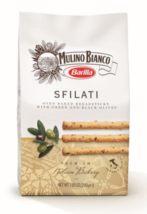 MULINO BIANCO BARILLA - SFILATI OVEN BAKED BREADSTICKS WITH GREEN AND BLACK OLIVES - PREMIUM ITALIAN BAKERY - PRODUCT OF ITALY Logo (EUIPO, 01.12.2016)