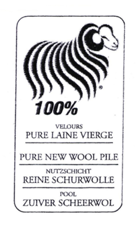 100% VELOURS PURE LAINE VIERGE PURE NEW WOOL PILE NUTZSCHICHT REINE SCHURWOLLE POOL ZUIVER SCHEERWOL Logo (EUIPO, 18.02.2003)