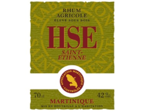 RHUM AGRICOLE ÉLÉVE SOUS BOIS
HSE SAINT-ETIENNE
APPELLATION CONTRÔLÉE MARTINIQUE
70 cl 42%
MARTINIQUE
MISE EN BOUTEILLE A L'HABITATION Logo (EUIPO, 25.08.2009)