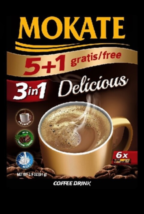 MOKATE 5+1 gratis/free 3in1 Delicious AROMATIC WITH INSTANT COFFEE MILKY COFFEE DRINK Logo (EUIPO, 03/25/2013)