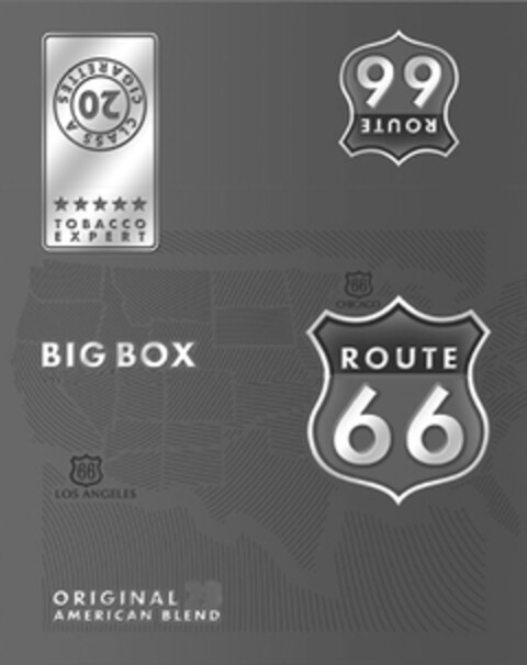 ROUTE 66 BIG BOX 20 CLASS A CIGARETTES TOBACCO EXPERT ORIGINAL AMERICAN BLEND LOS ANGELES CHICAGO Logo (EUIPO, 05.09.2011)