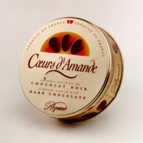 Coeurs d'Amande PRODUIT DE FRANCE PRODUCT OF FRANCE amandes enrobées de CHOCOLAT NOIR almonds coated with DARK CHOCOLATE Reynaud Logo (EUIPO, 21.12.1998)