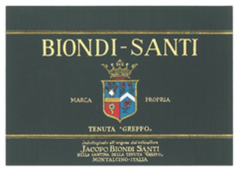 BIONDI-SANTI MARCA PROPRIA TENUTA "GREPPO" imbottigliato all'origine dal viticultore JACOPO BIONDI SANTI nella Cantina della Tenuta "GREPPO" MONTALCINO-ITALIA Logo (EUIPO, 03/19/2015)