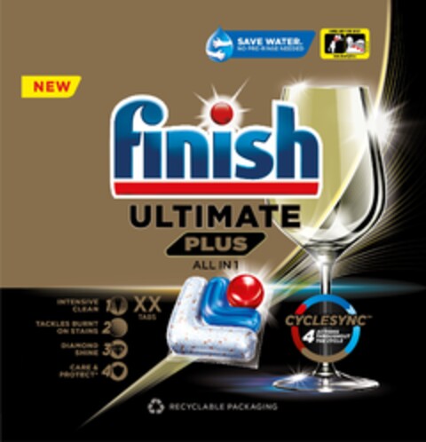 NEW FINISH ULTIMATE PLUS ALL IN 1 SAVE WATER NO PRE-RINSE NEEDED HANDLE AND STORE SAFELY WWW.CLEANRIGHT.EU A.I.S.E INTENSIVE CLEAN 1 TACKLES BURNT ON STAINS 2 DIAMOND SHINE 3 CARE & PROTECT* 4 XX TABS CYCLESYNC 4 ACTIONS THROUGHOUT THE CYCLE Logo (EUIPO, 06.12.2022)