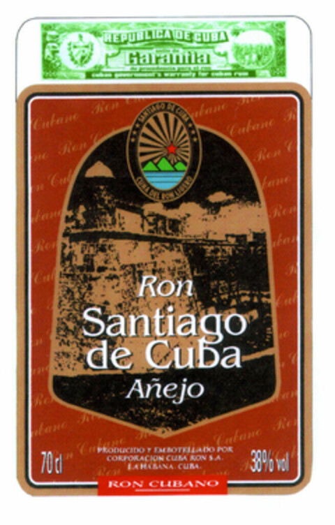Ron Santiago de Cuba Añejo REPUBLICA DE CUBA sello de Garantía de procedencia para el ron cuban government's warranty for cuban rum SANTIAGO DE CUBA CUNA DEL RON LIGERO PRODUCIDO Y EMBOTELLADO POR CORPORACIÓN CUBA RON S.A. LA HABANA. CUBA. RON CUBANO Logo (EUIPO, 30.06.2000)