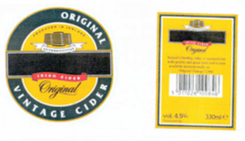 ORIGINAL VINTAGE CIDER AUTHENTICITAD IRISH CIDER Logo (EUIPO, 07/24/2002)