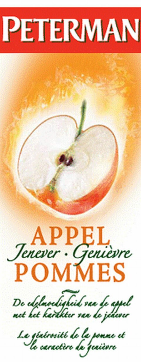 PETERMAN APPEL Jenever · Genièvre POMMES De edelmoedigheid van de appel met het karakter van de jenever Le générosité de la pomme et le caractère du genièvre Logo (EUIPO, 22.10.2008)