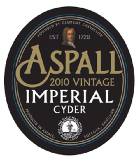 FOUNDED BY CLEMENT CHEVALLIER EST 1728 ASPALL 2010 VINTAGE IMPERIAL CYDER PRODUCED IN ASPALL, SUFFOLK, ENGLAND Logo (EUIPO, 10.06.2011)