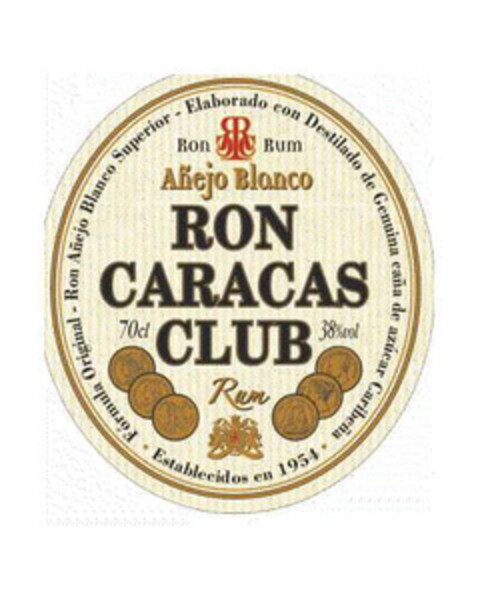 Fórmula Original-Ron Añejo Blanco Superior-Elaborado con Destilado de Genuina caña de azúcar Caribeña ·Establecidos en 1954· Ron Rum Añejo Blanco RON CARACAS CLUB 70cl 38%vol Logo (EUIPO, 25.05.2004)