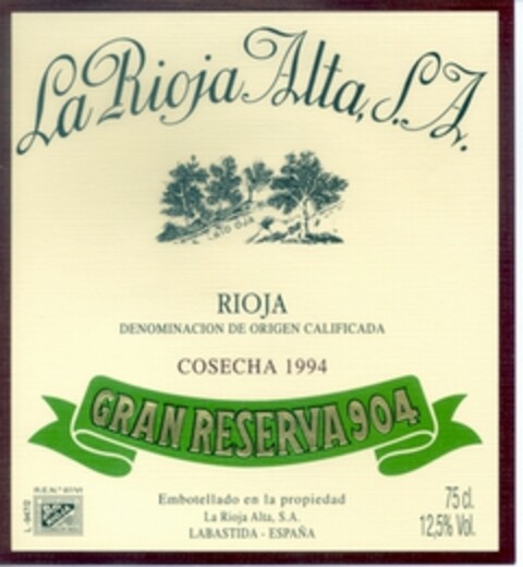 La Rioja Alta, S.A. RIOJA DENOMINACION DE ORIGEN CALIFICADA COSECHA 1994 GRAN RESERVA 904 Logo (EUIPO, 20.10.2003)