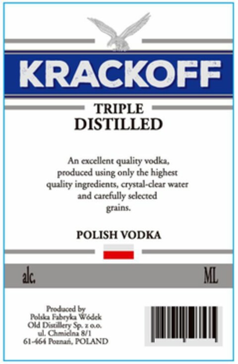 KRACKOFF TRIPLE DISTILLED POLISH VODKA Logo (EUIPO, 07/23/2018)