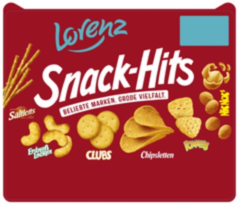 Lorenz Snack-Hits BELIEBTE MARKEN. GROßE VIELFALT. Saltletts Erdnuß Locken CLUBS Chipsletten POMMELS Nic Nacs Logo (EUIPO, 13.05.2024)