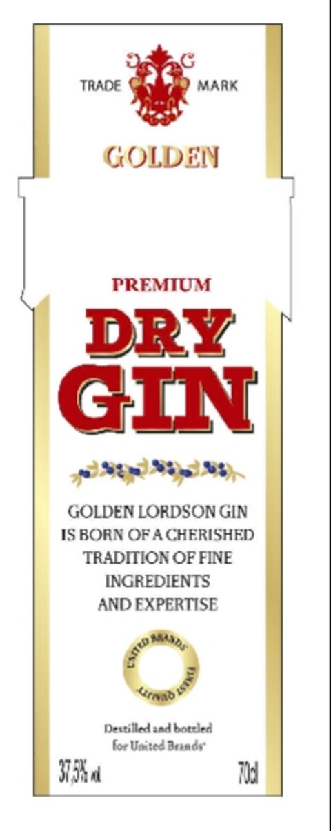 GOLDEN PREMIUM DRY GIN GOLDEN LORDSON GIN IS BORN OF A CHERISHED TRADITION OF FINE INGREDIENTS AND EXPERTISE Destilled and bottled for United Brands Logo (EUIPO, 09.02.2009)