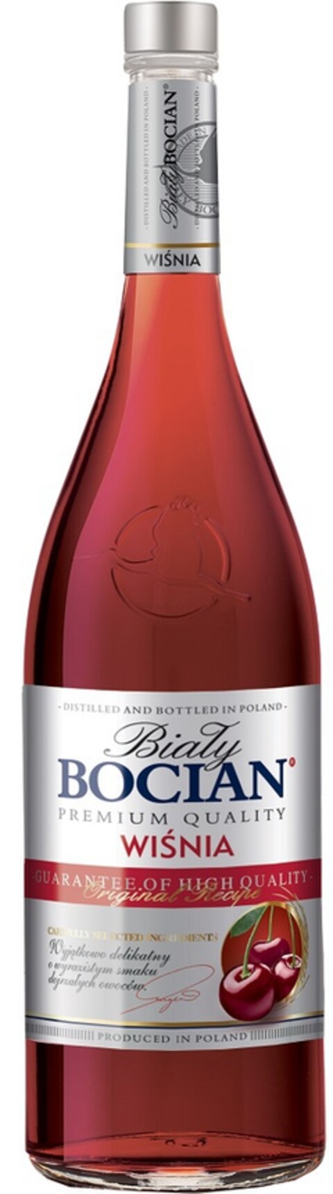 DESTILLED AND BOTTLED IN POLAND Biały Bocian PREMIUM QUALITY WIŚNIA GUARANTEE OF HIGH QUALITY Original Recipe PRODUCED IN POLAND Logo (EUIPO, 31.05.2019)