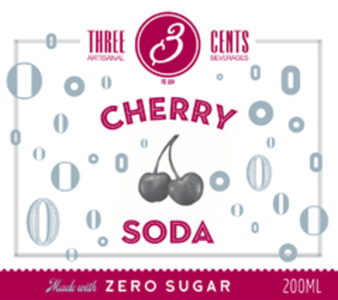 3 THREE CENTS ARTISANAL BEVERAGES CHERRY SODA ZERO SUGAR EST.2014 Logo (EUIPO, 03.06.2022)