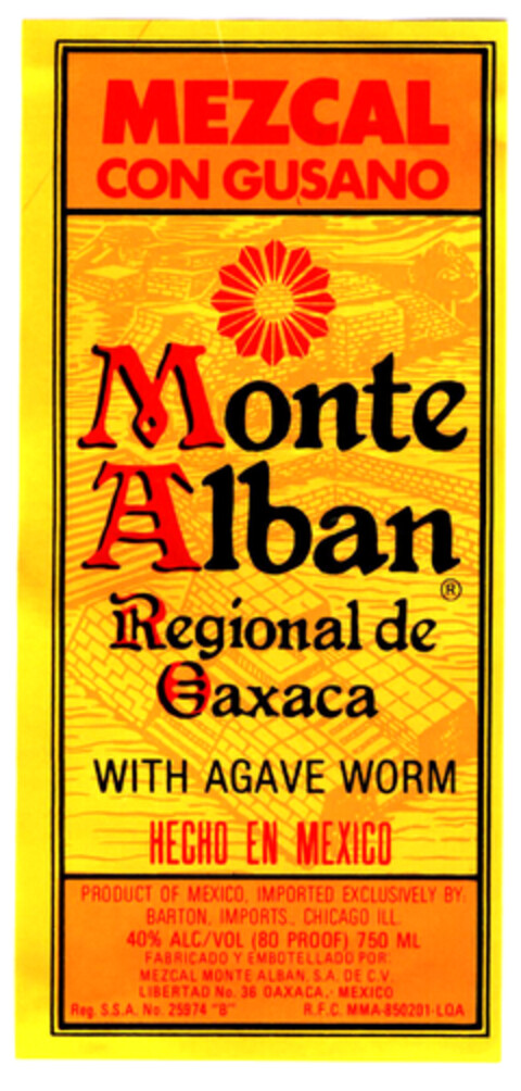 MEZCAL CON GUSANO Monte Alban Regional de Oaxaca WITH AGAVE WORM HECHO EN MEXICO Logo (EUIPO, 04.03.2003)