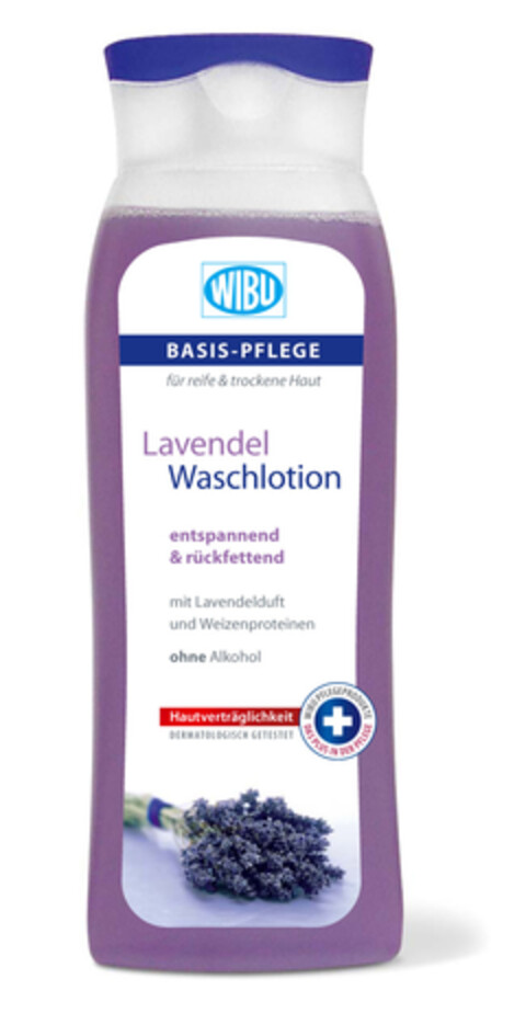 WIBU BASIS-PFLEGE für reife & trockene Haut Lavendel Waschlotion entspannend & rückfettend mit Lavendelduft und Weizenproteinen ohne Alkohol Hautverträglichkeit DERMATOLOGISCH GETESTET WIBU PFLEGEPRODUKTE DAS PLUS IN DER PFLEGE Logo (EUIPO, 21.02.2006)