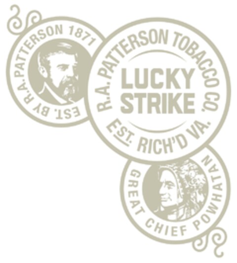 EST. BY R.A.PATTERSON 1871 LUCKY STRIKE R.A.PATTERSON TOBACCO CO.  Est. RICH´D VA. GREAT CHIEF POWHATAN Logo (EUIPO, 08.04.2013)